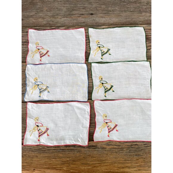 Vintage 1930s Set of 6 Marghab Embroidered Barmaid Cocktail Napkins - Picture 11 of 11